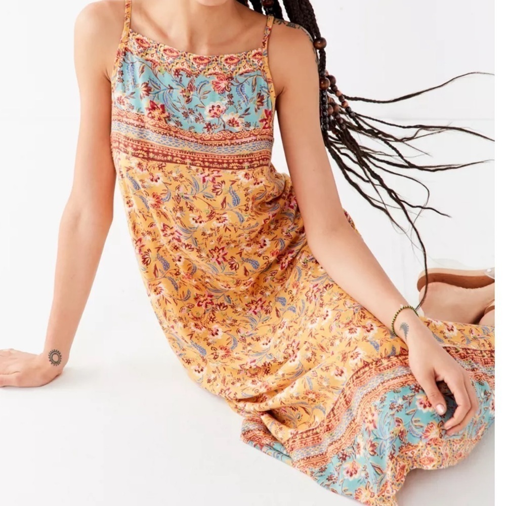Urban Outfitters Border Print Boho floral‎ print maxi dress yellow aqua ruffle S